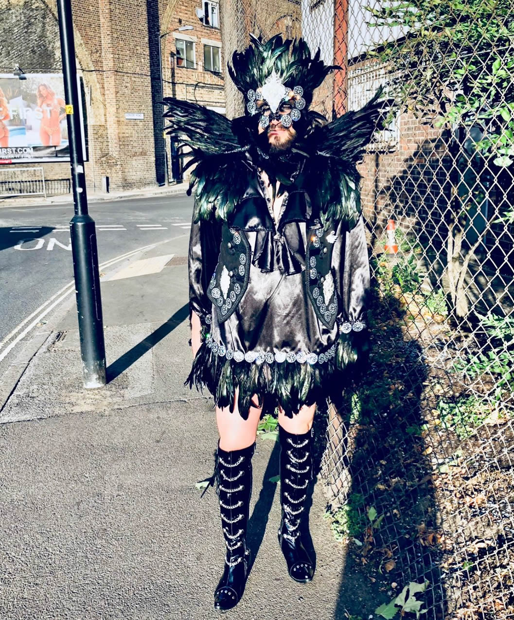 Black and white outfit.