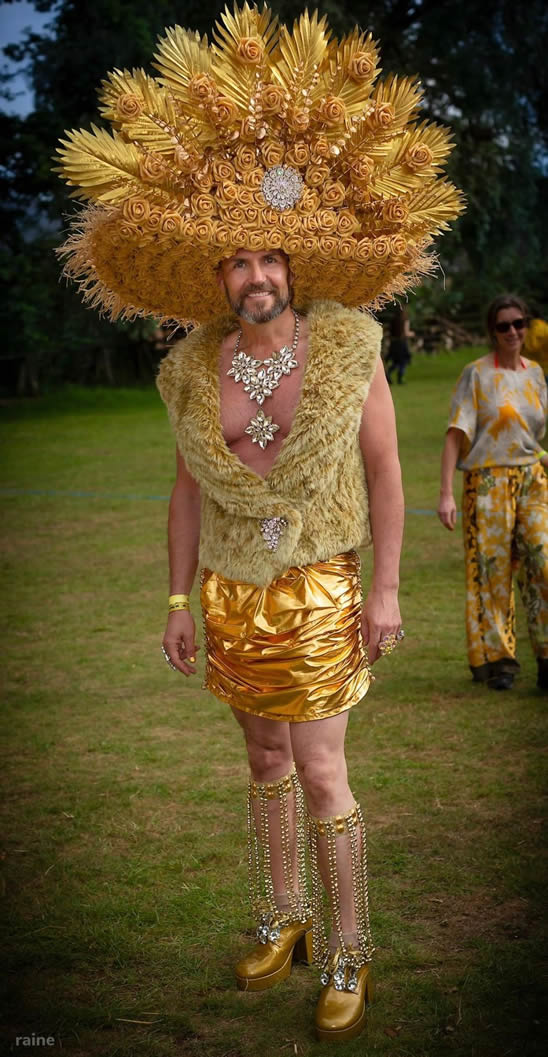 Golden outfit with gold hat.